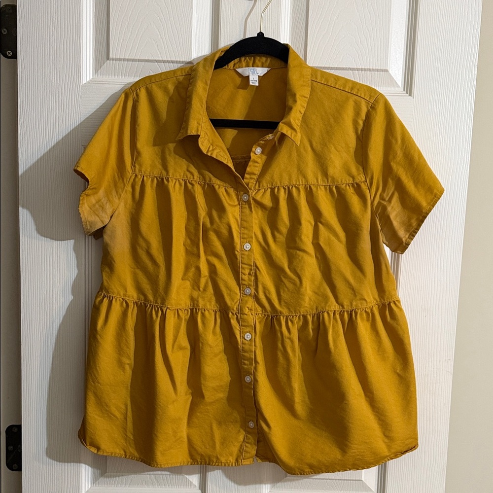 Time and Tru Mustard Button-Down Tiered Top